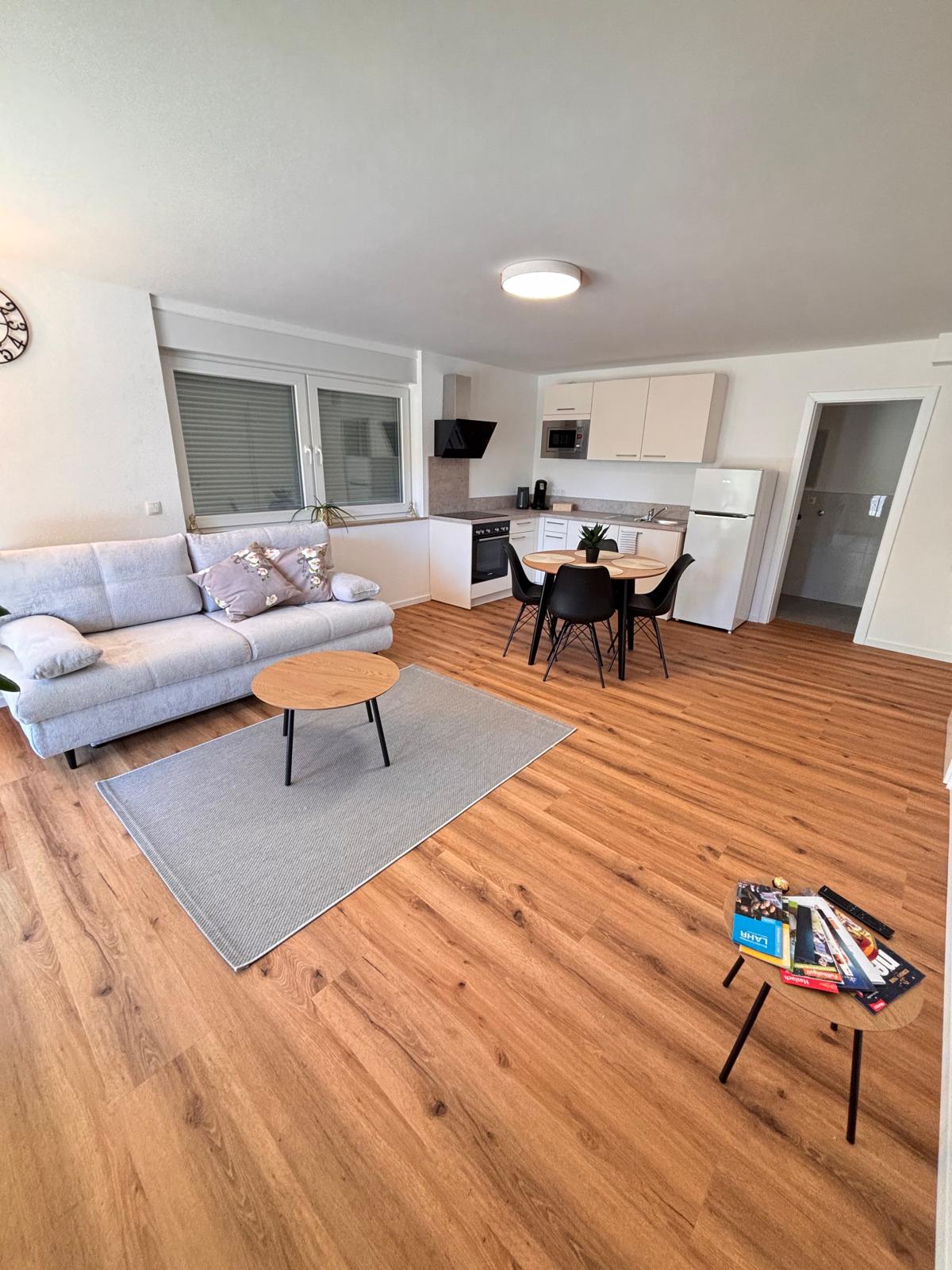 Wohnbereich mit Sofa und Blick zur Küche